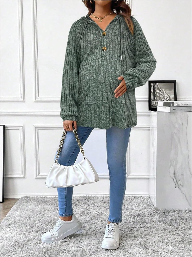 BEAUDRM Store Women's Maternity Half Button Sweatshirts Long Sleeve Ribbed Knit Pregnancy Shirt Spring Clothes Olive Green X-Large - Image 5